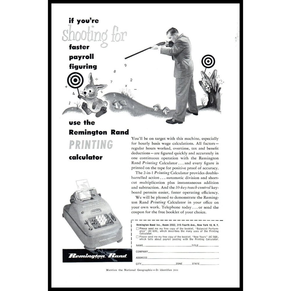 1953 Remington Rand Printing Calculator Vintage Print Ad Bunny Rabbit Wall Art